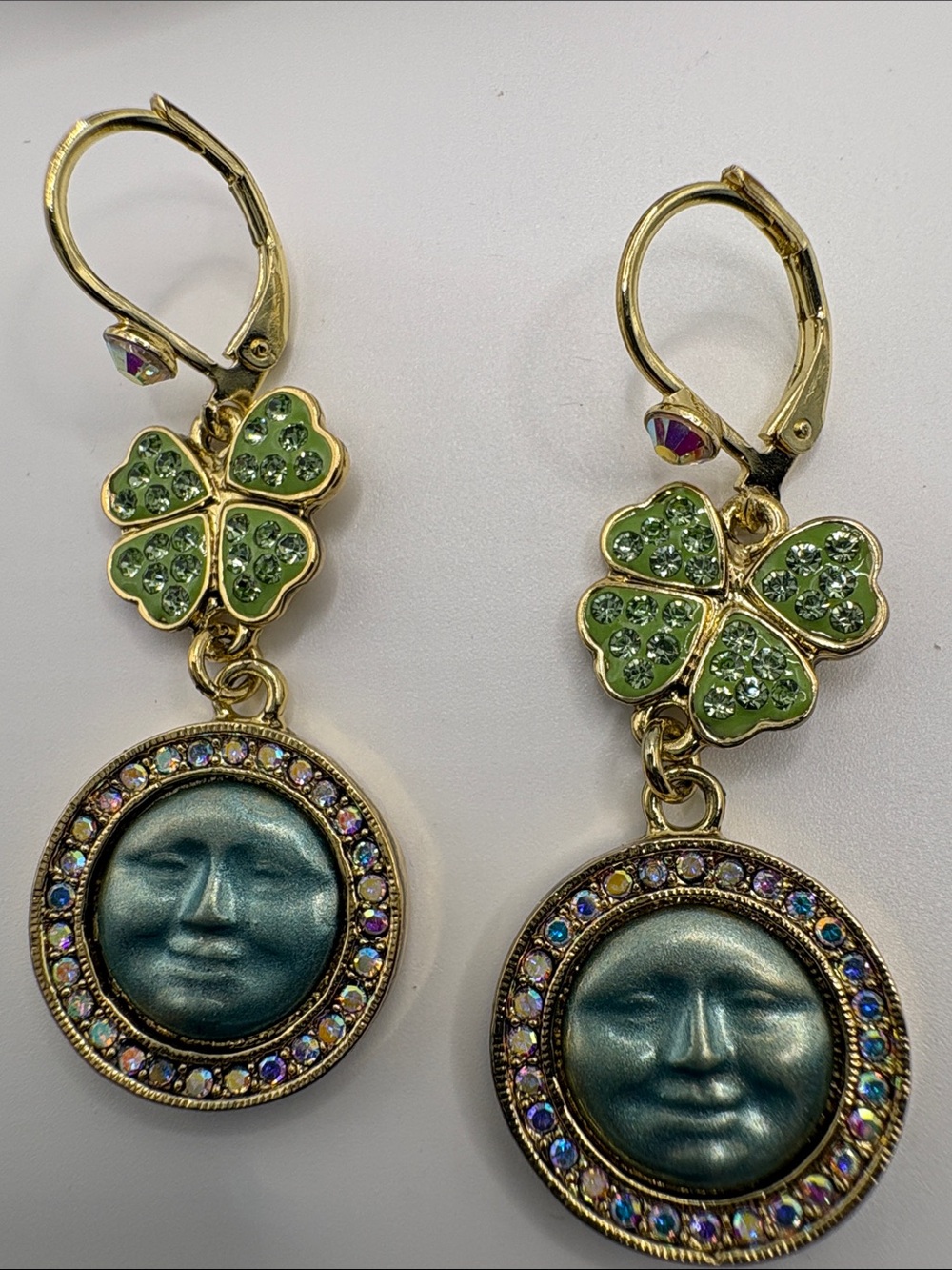 Kirk Folly Gold-Tone Green Crystal Four-Leaf Clover & Moon Face Drop Earrings